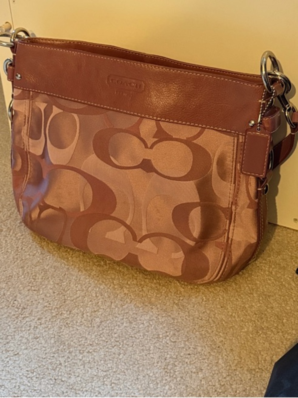 Coach Pink Signature Shoulder Bag with Leather Trim